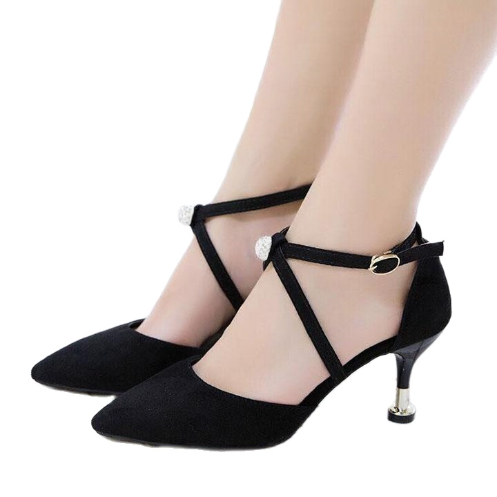Giày cao gót 7 phân bít mũi đen chéo gót hạt châu - BM47