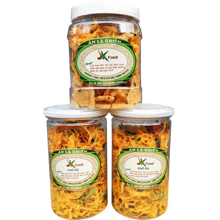 Combo 2 hũ khô gà và 1 hũ cơm cháy lắc khô gà hiệu sk food