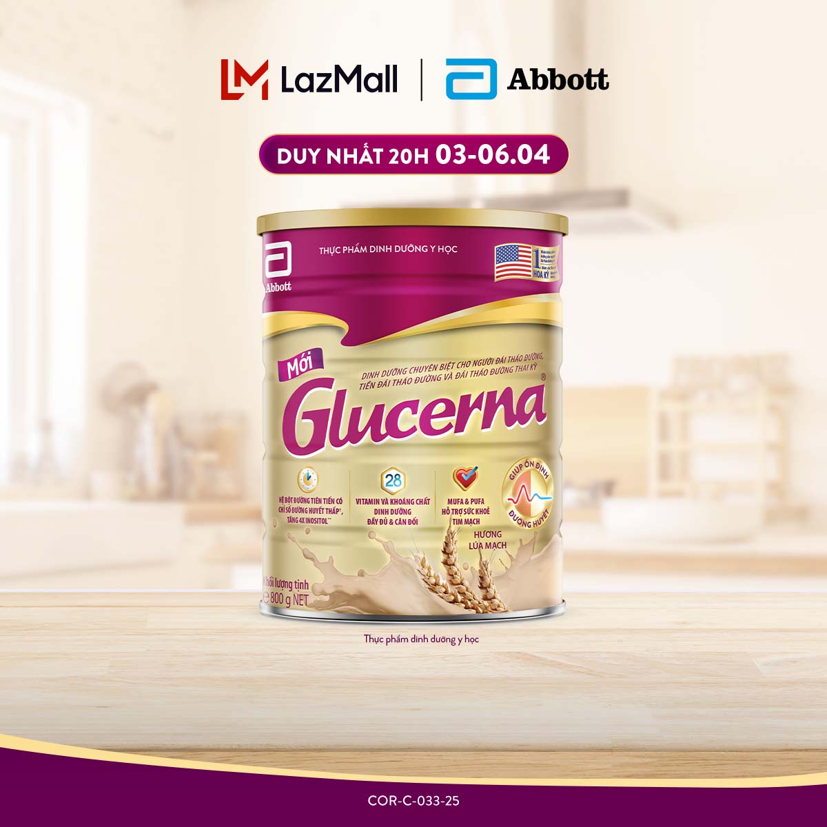 [CHỈ 20H 04-08.05 QUÀ TẶNG CHO ĐH 1500K-SLCH] Sữa bột Glucerna hương lúa mạch 800g