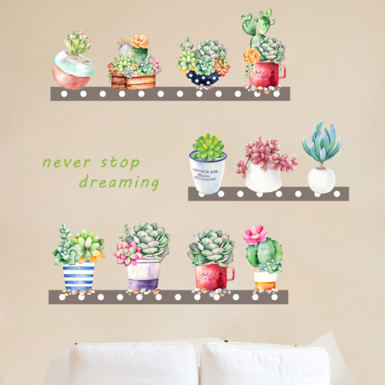 Decal dán tường tranh trí - 11 CHẬU HOA NEVER STOP DREAMING