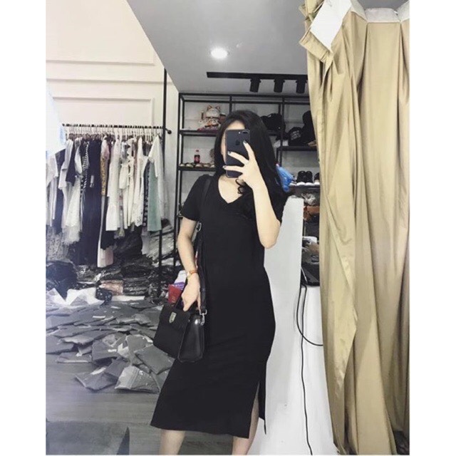 [Yến Trần] Váy Suông Dáng Dài Cổ V Chất Đẹp Xẻ Chân