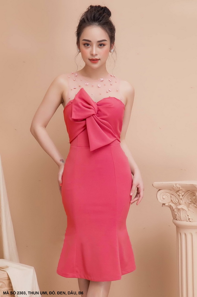 MyDu Shop | Đầm Ôm Cúp Ngực MS 2303 – Phối Lưới Nhẹ Nhàng, Đính Ngọc Trai Tinh Tế