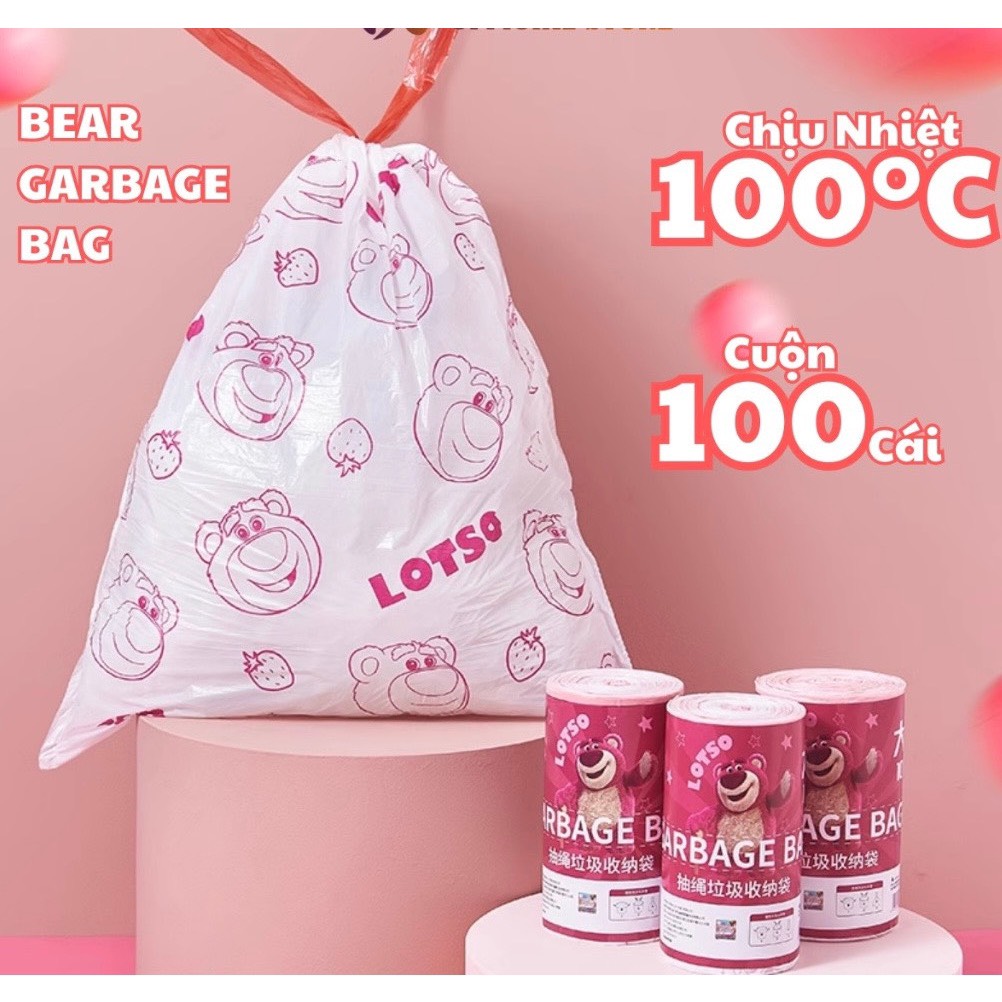Túi đựng rác dây rút Gấu Dâu Baby chống rò rỉ nước - Túi đựng rác cuộn 100 túi siêu dai kích thước 45x50cm