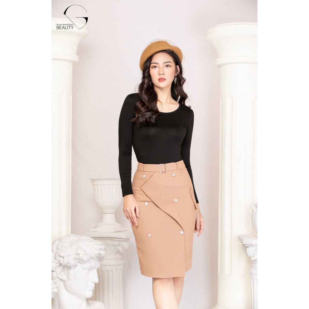 G beauty Chân Váy Phối Cúc Be