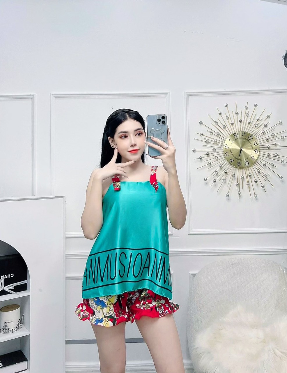Set đồ bộ ngắn phối nơ vải lụa hàn họa tiết dễ thương freesize dưới 56kg