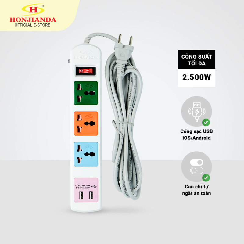Ổ cắm điện đa năng có USB Honjianda Mã 05 Dây 3m - an toàn chống quá tải - ổ cắm treo tường cao cấp đa năng thông minh