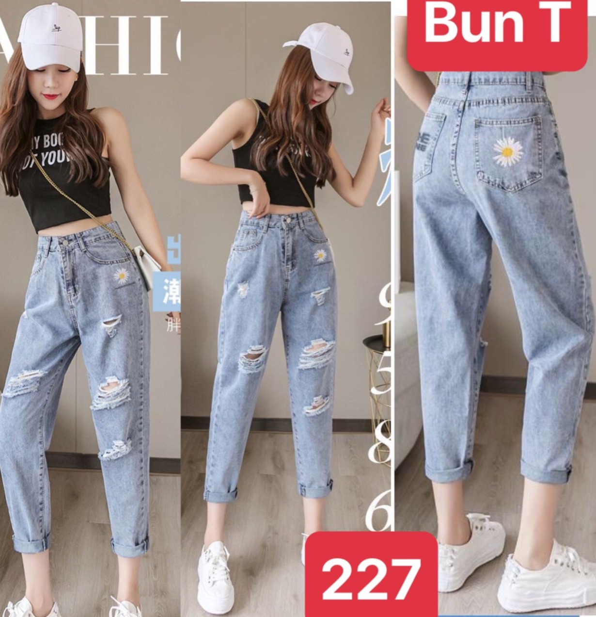 QUẦN BAGGY JEAN NỮ CHẤT BÒ XANH RÁCH HOA CÚC HÀN QUỐC LƯNG CAO NÂNG MÔNG NHẬT BẢN T&T-277 - TRANG BUN FASHION