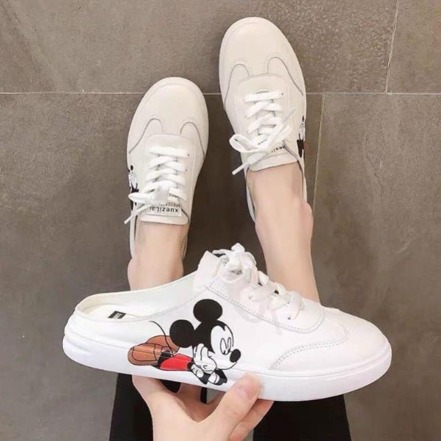 [Xả lẻ size] Giày sục nữ chuột Mickey da mềm siêu êm chân, Giày thể thao nữ đạp gót basic fullbox