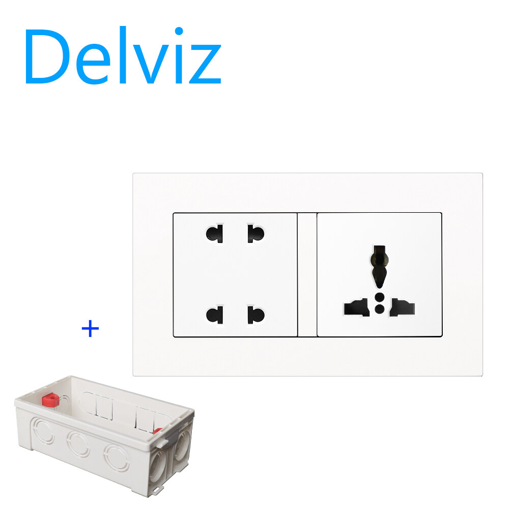 Delviz 东南亚壁式插座,家用插孔,ac 110-250v, 146mm * 86mm白面板,四孔壁式插座+三孔电源插座,配接线盒,安装方便