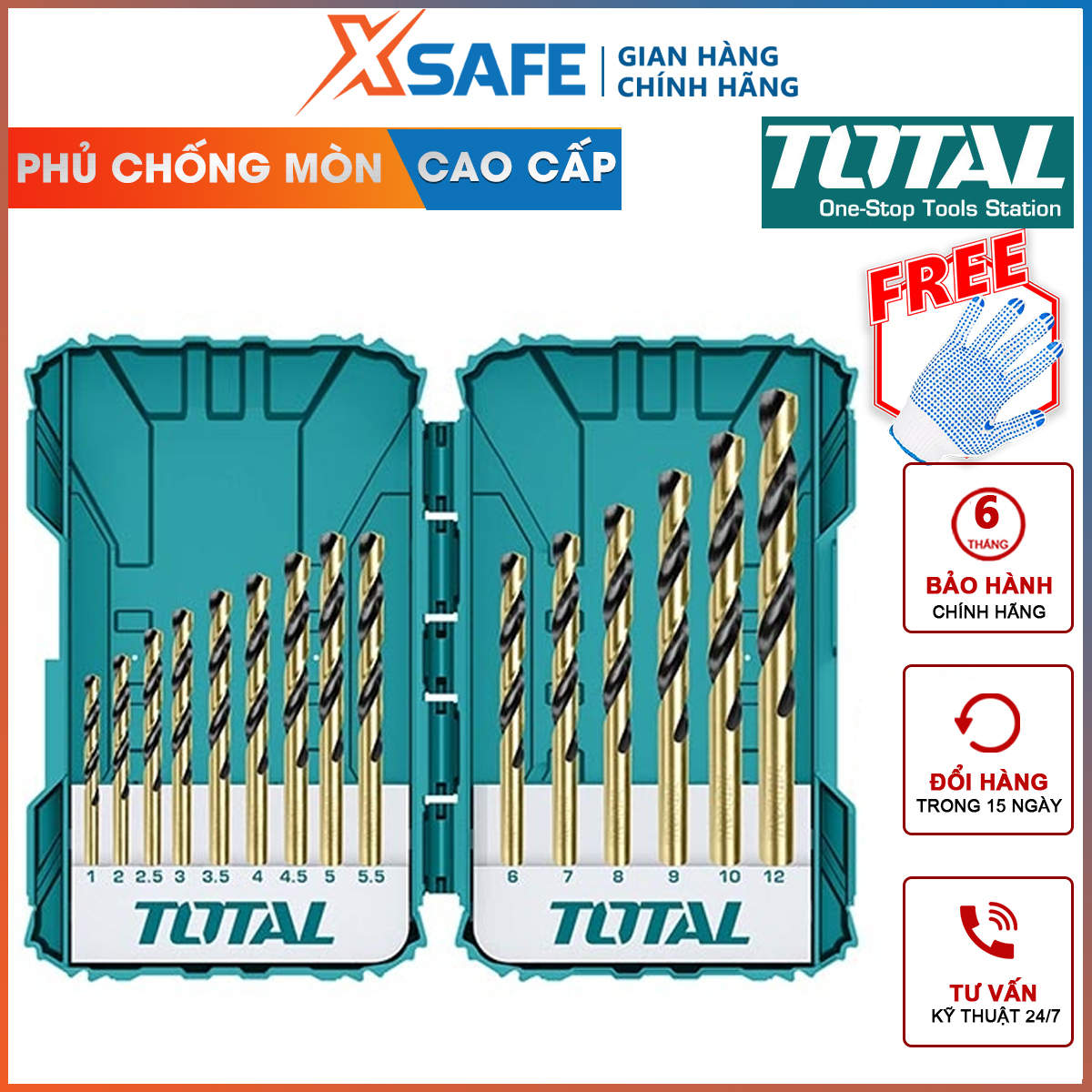 Set 15 metal drill bits total TACSDL51501 combo 15 HSS drill bits 15 nose size from 1-12mm, drill bit alloy steel, professional drill metal anti-abrasion, rust