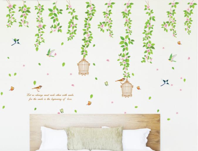 HCM-Decal trang trí tường - Dây Leo Hoa Lá xanh lồng chim
