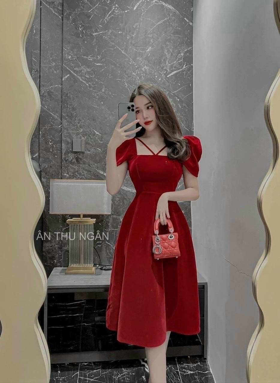 Đầm cổ yếm tay phồng, đầm xoè, váy cổ yếm, đầm tiểu thư cổ vuông tay phồng cổ dây cổ dáng váy xòe chất nhung cao cấp có 2 màu