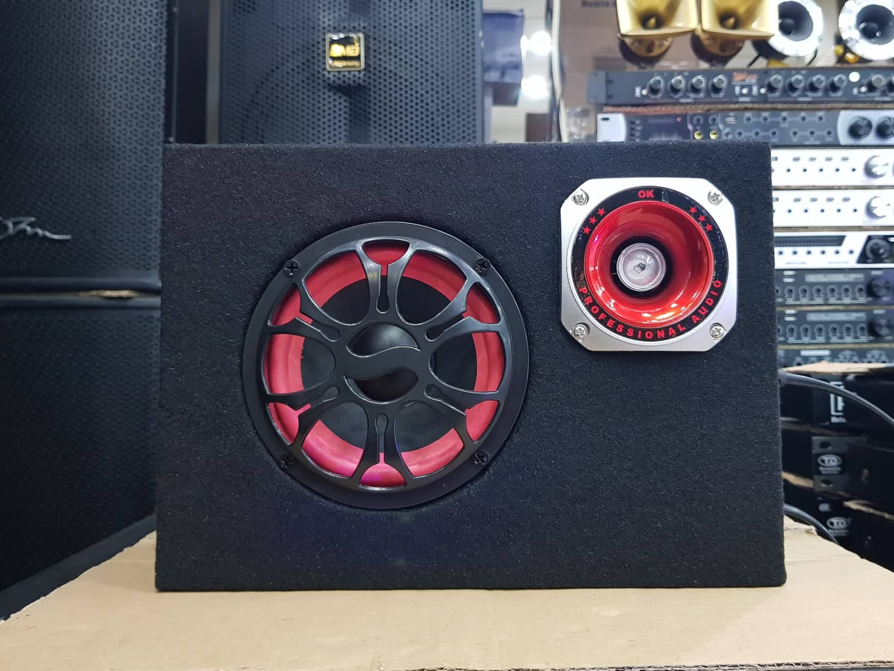 Loa crown 5: dáng vuông, có bluetooth, bass 13, nguồn điện 220v và 12v