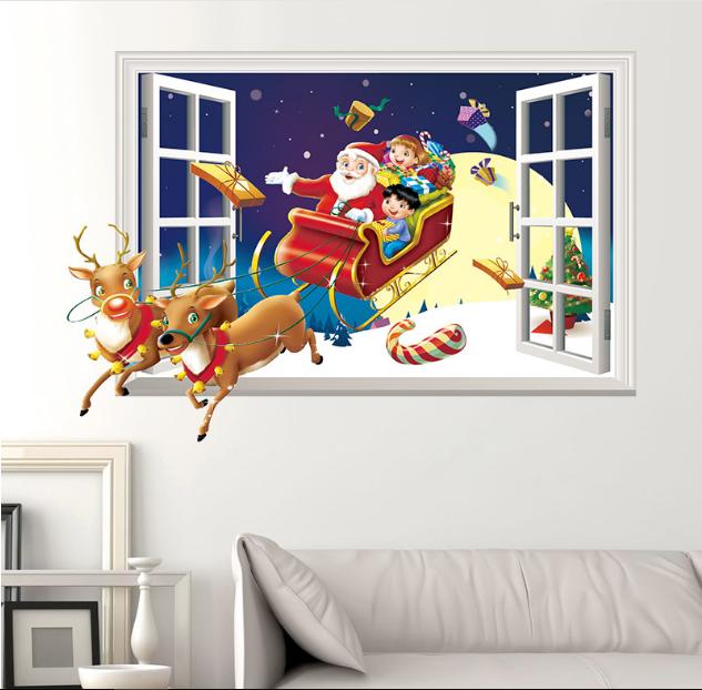Decal trang trí Noel - Cửa Sổ Tuần Lộc kéo Xe Ông già Noel phát quà 02
