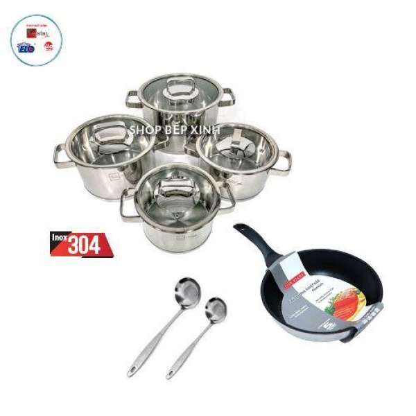 Combo bộ nồi inox 304 và chảo chống dính 24cm Fivestar 9 món tặng 2 muỗng canh inox