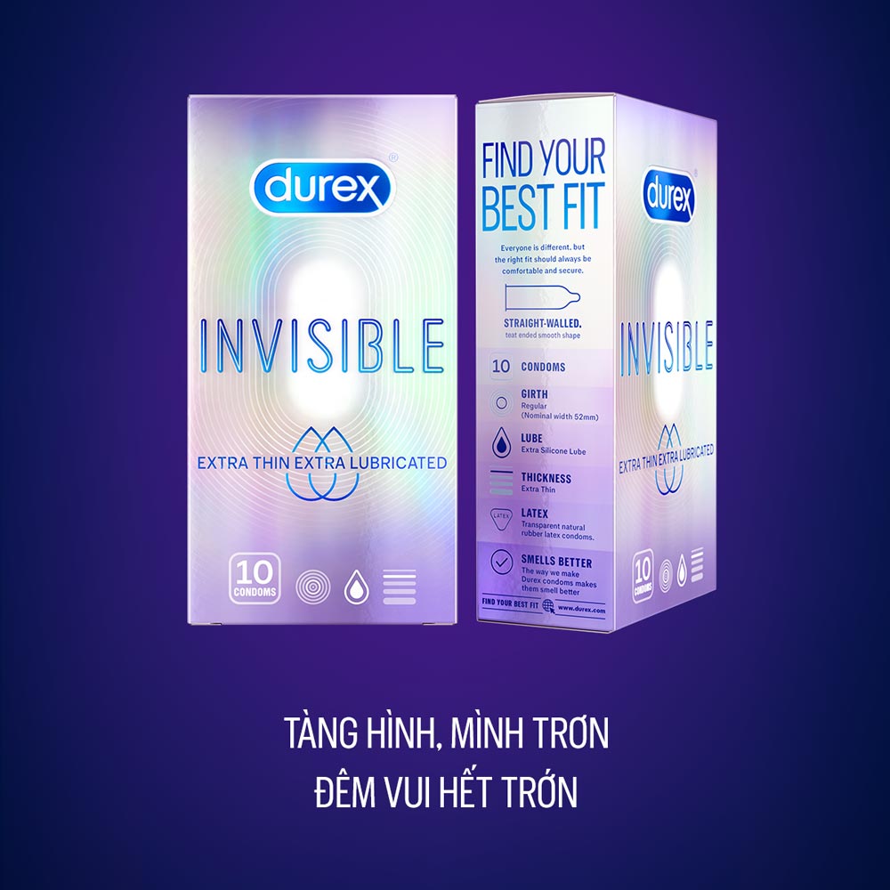 Bao Cao Su Durex Invisible Extra Lube (Trắng Tím) Hộp 10 Cái