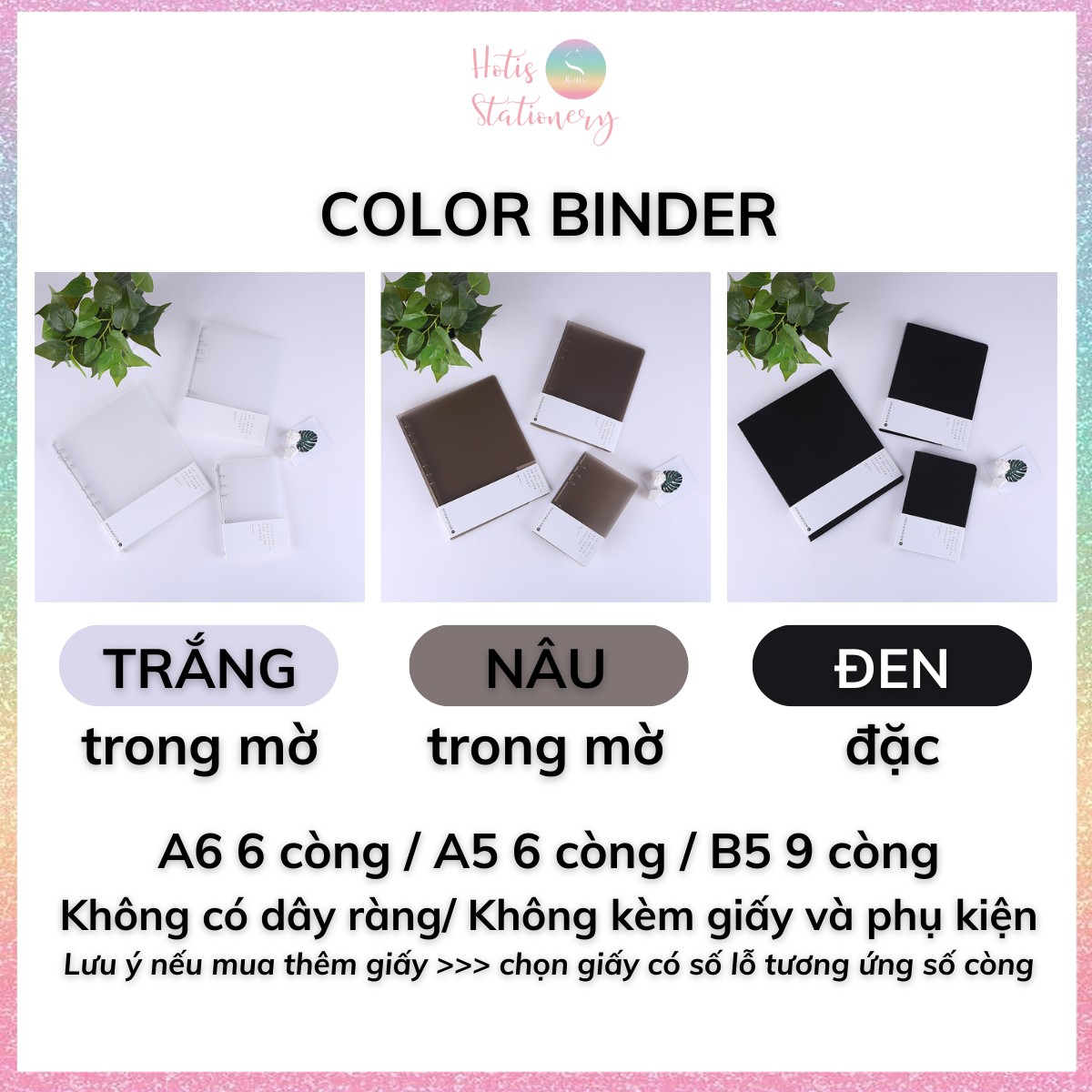 HOTIS Color Binder - Bìa còng màu A6/ A5/ B5/ A4 - Không kèm giấy