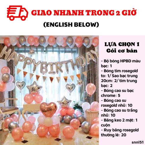 Bộ bong bóng trang trí tiệc sinh nhật màu hồng bạc snnl51