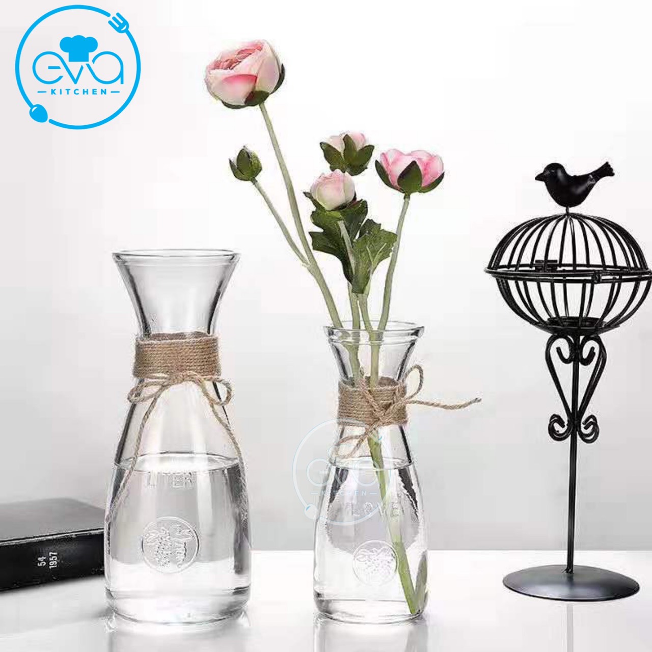 Combo 2 bình bông lọ hoa thủy tinh eo lớn - eo nhỏ tặng kèm dây bố trang trí