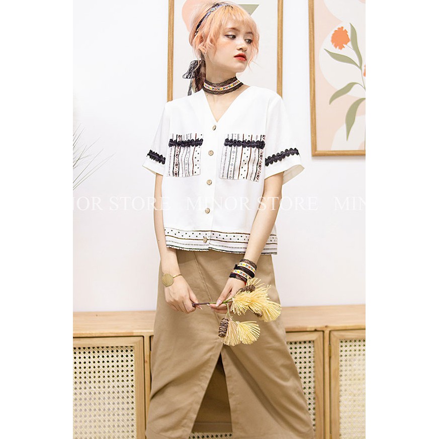 ÁO SƠ MI KIỂU CỖ TIM PHỐI HỌA TIẾT [MINOR VIRGINIE]