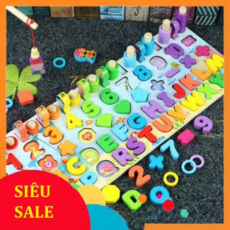 Đồ chơi câu cá gỗ kèm số tư duy và bảng chữ cái 6in1 (114 chi tiết, bộ to gỗ đẹp)
