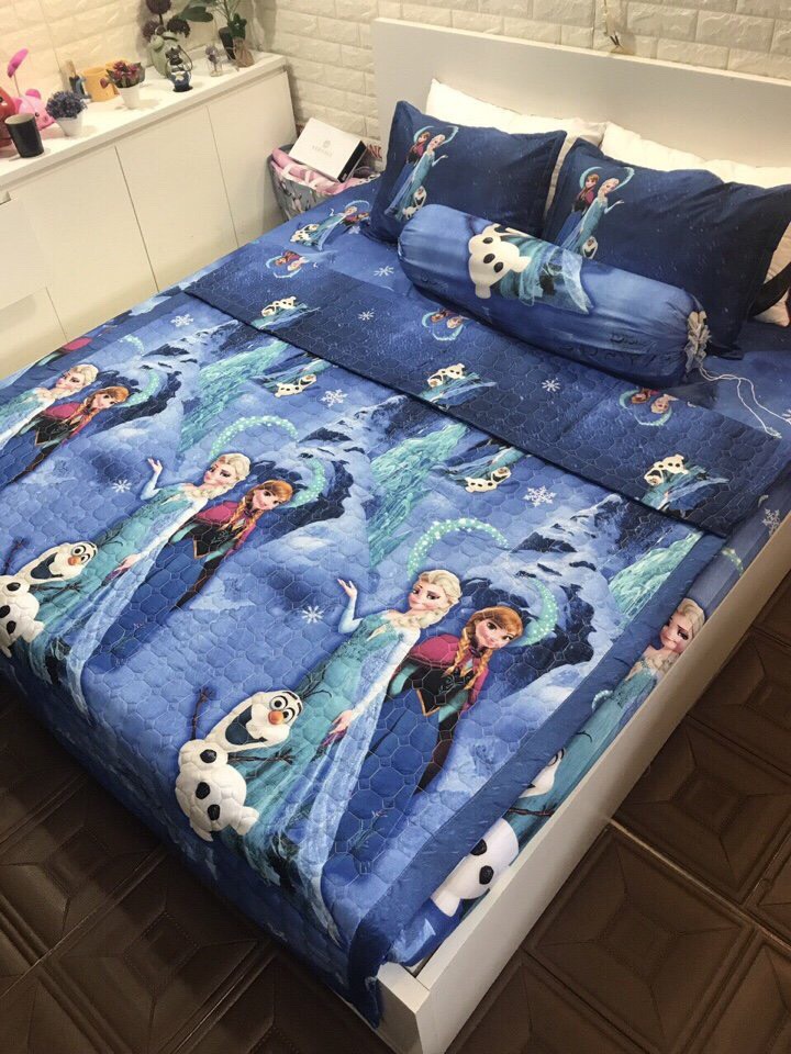 Chăn hè thu trần bông 3 lớp cotton poly 1m8x2m mẫu công chúa elsa xanh Bà Béo  Kho chăn ga gối, ga giường, drap giường