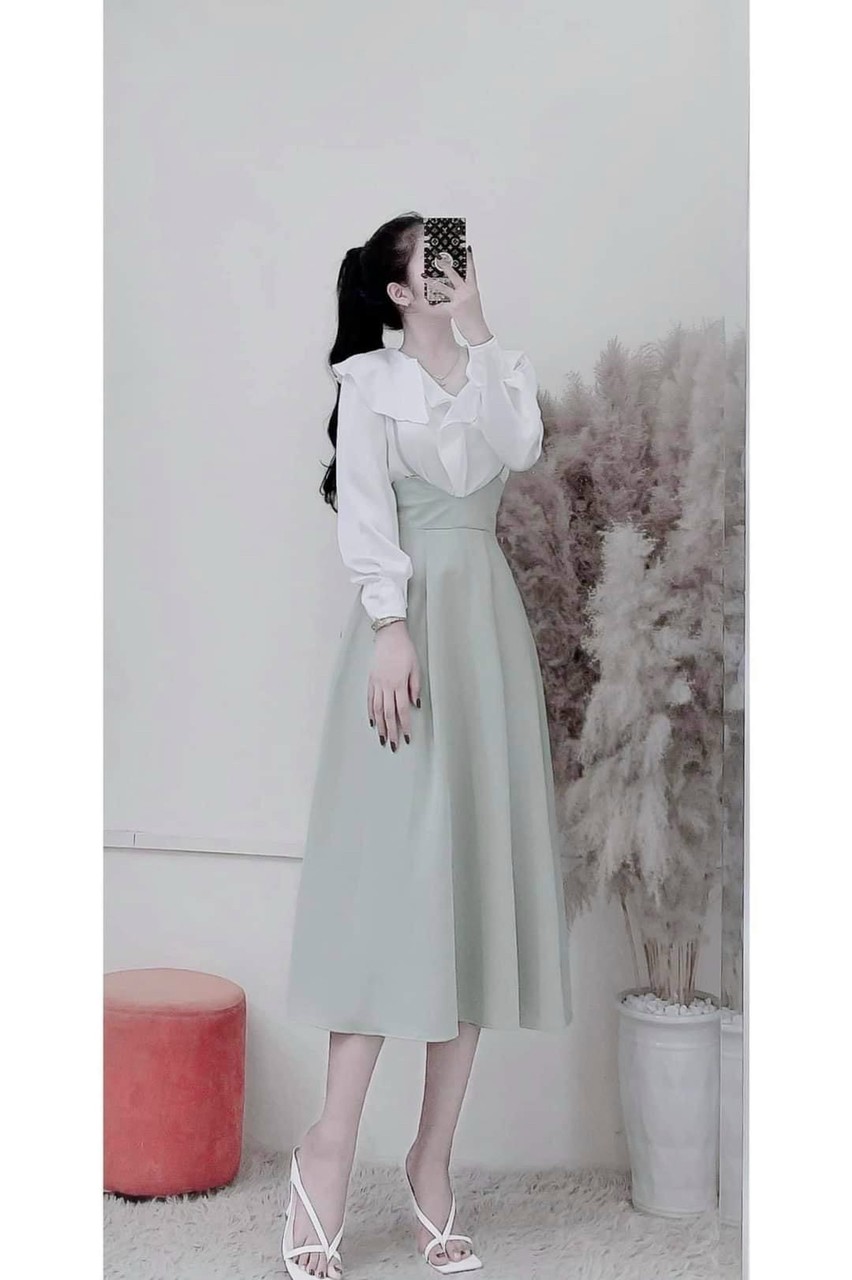 [ Voucher 59k Freeship Max toàn quốc ] SET VÁY YẾM HAI DÂY TRƠN ÁO SƠ MI CỔ BÈO TAY DÀI