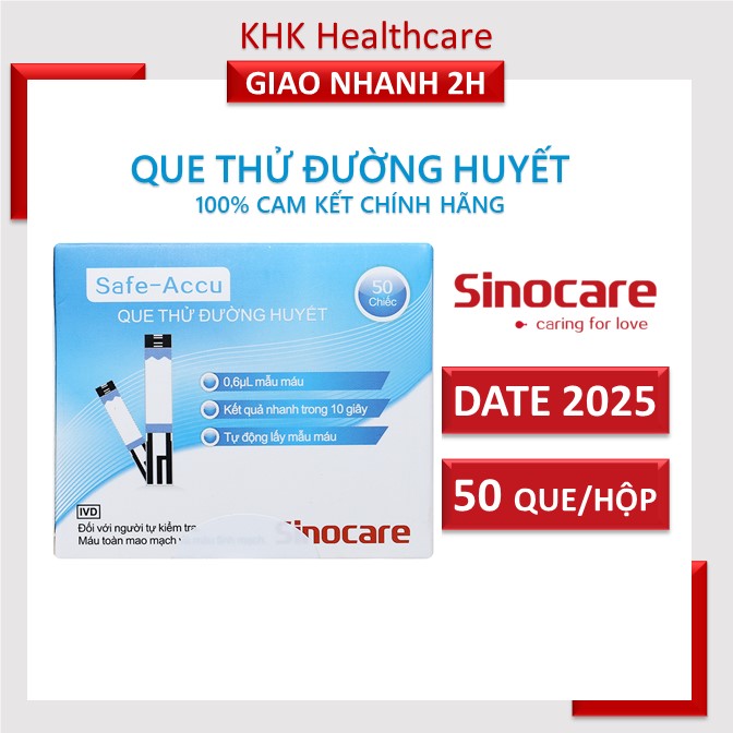 50 100 que thử đường huyết Sinocare Safe accu HSD 2023 KHK Healthcare