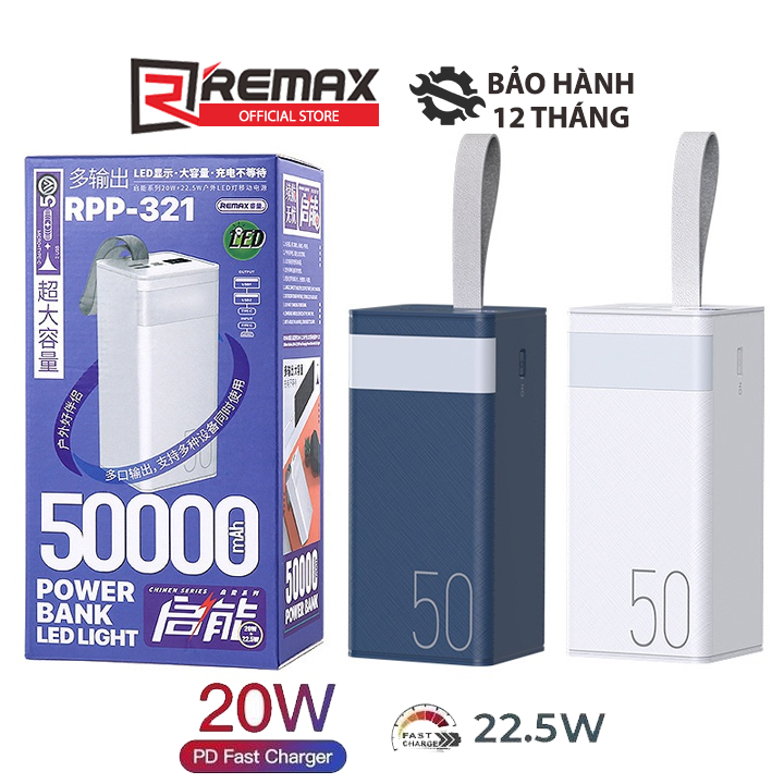 Pin dự phòng sạc nhanh Remax RPP321 dung lượng 50000mAh đèn pin chiếu sáng hỗ trợ QC 22.5 và PD 20W