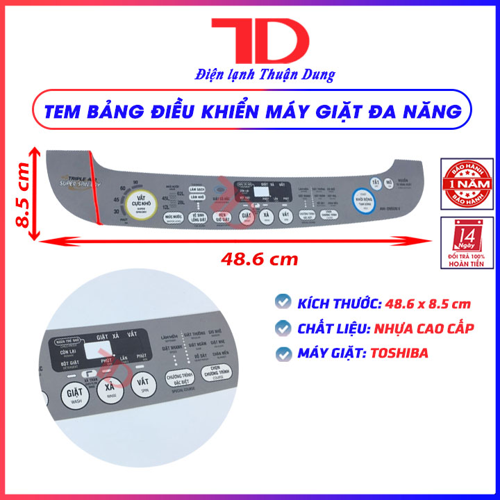 Tem bảng điều khiển dùng cho máy giặt Toshiba, tem decal có keo dán mặt sau - Điện Lạnh Thuận Dung