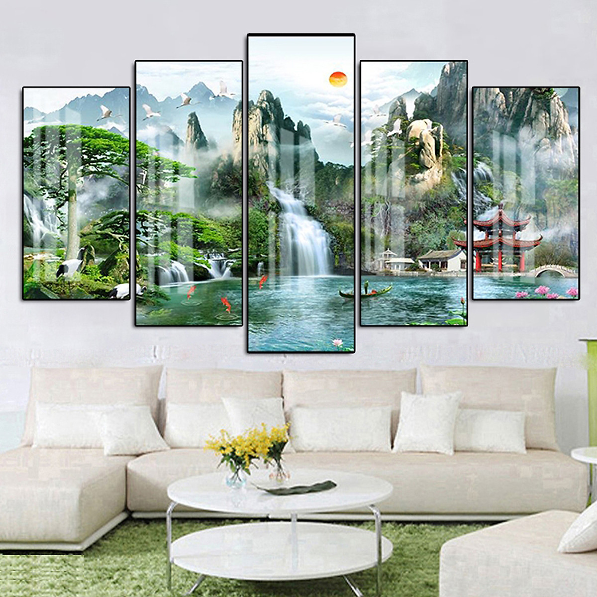 Bộ tranh tráng gương ghép 5 tấm - tranh bộ 5 phong cảnh sơn thủy đẹp