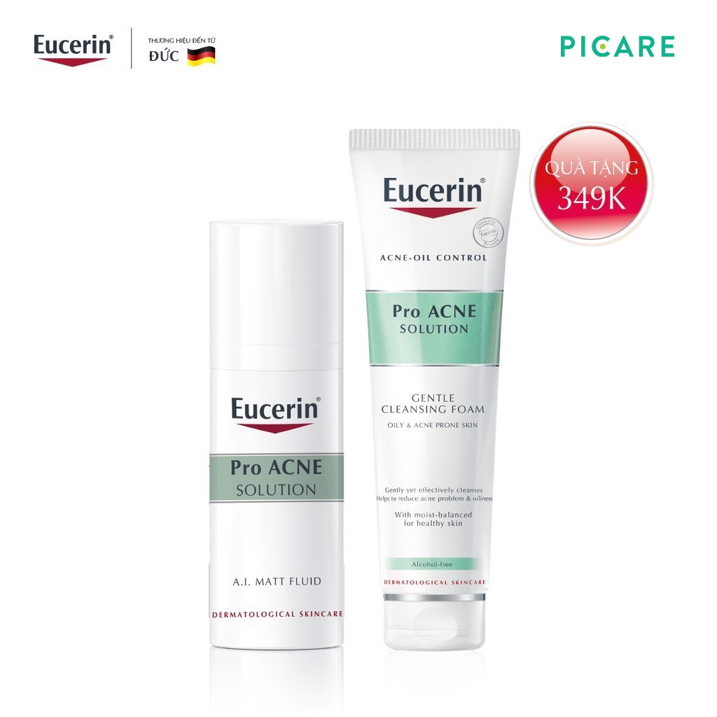Eucerin kem dưỡng da gỉam dầu mụn proacne a.i mat fluid 50ml tặng sữa rửa mặt tạo bọt cho da mụn 150g