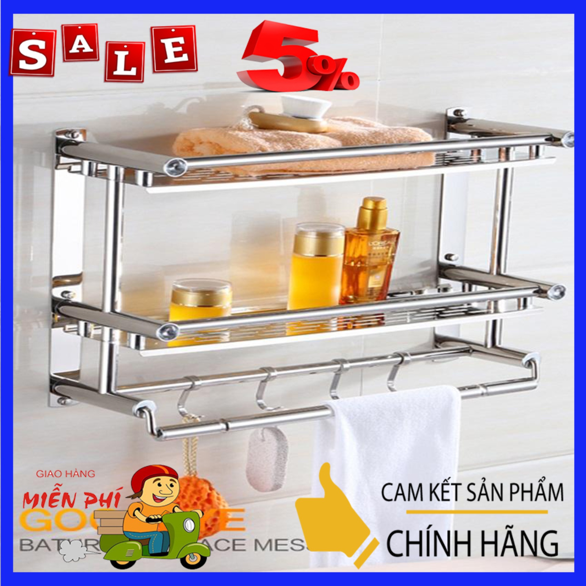 kệ inox 304 dán tường 2 tầng có móc treo 40cm, không cần khoan tường