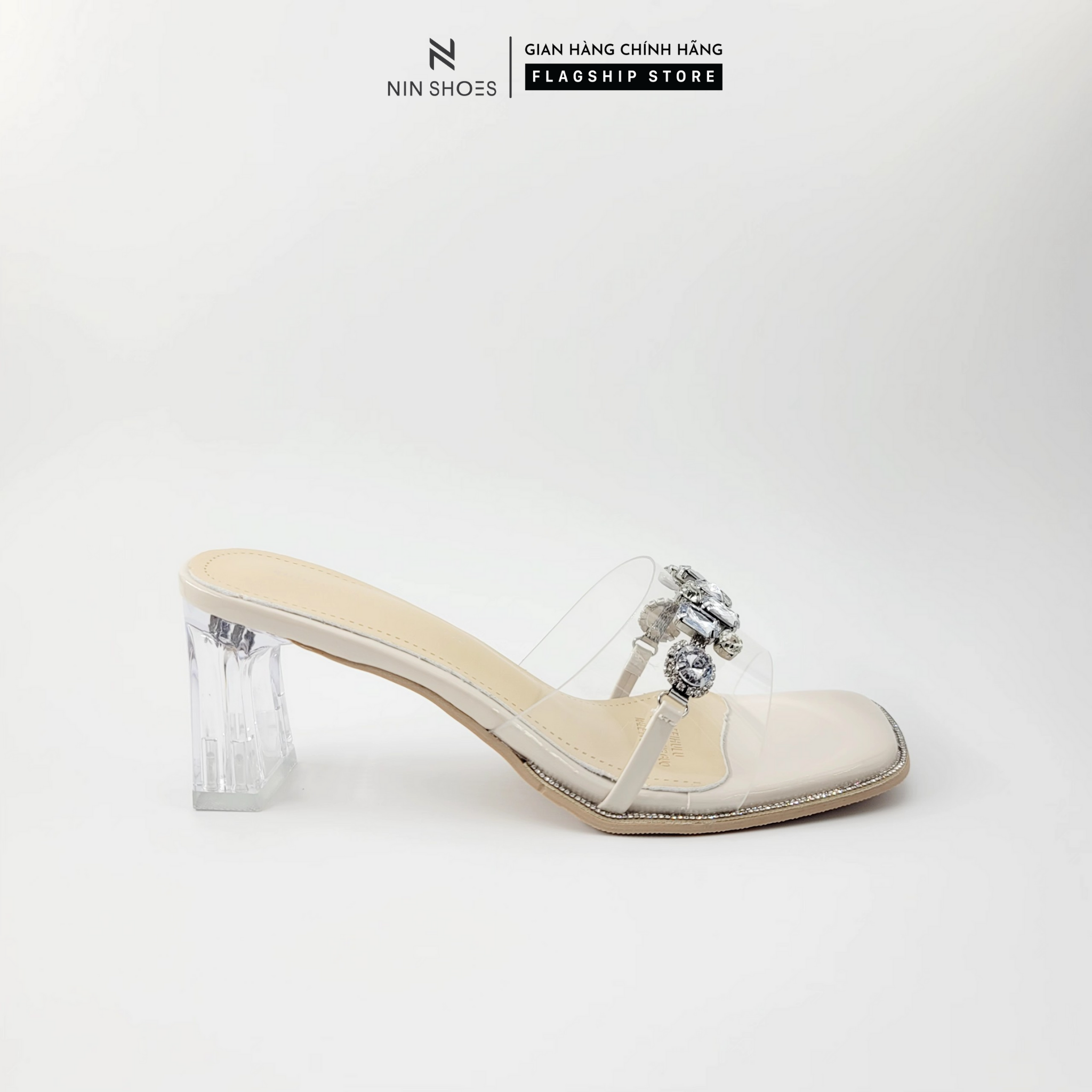 Dép Ninshoes - Guốc lê gót vuông mika mũi vuông đính đá mika 5p