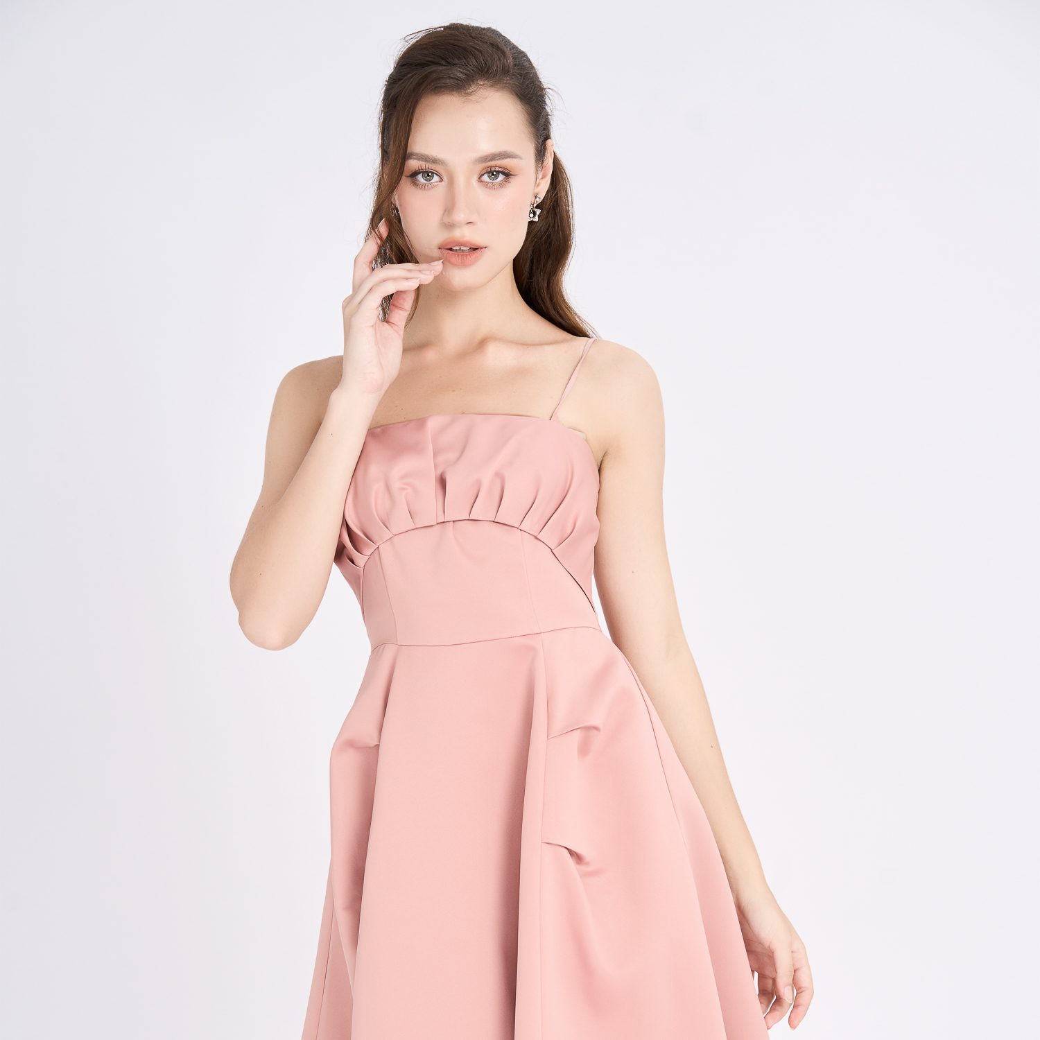 Đầm midi xòe phi 2 da xếp ly cup Maybi