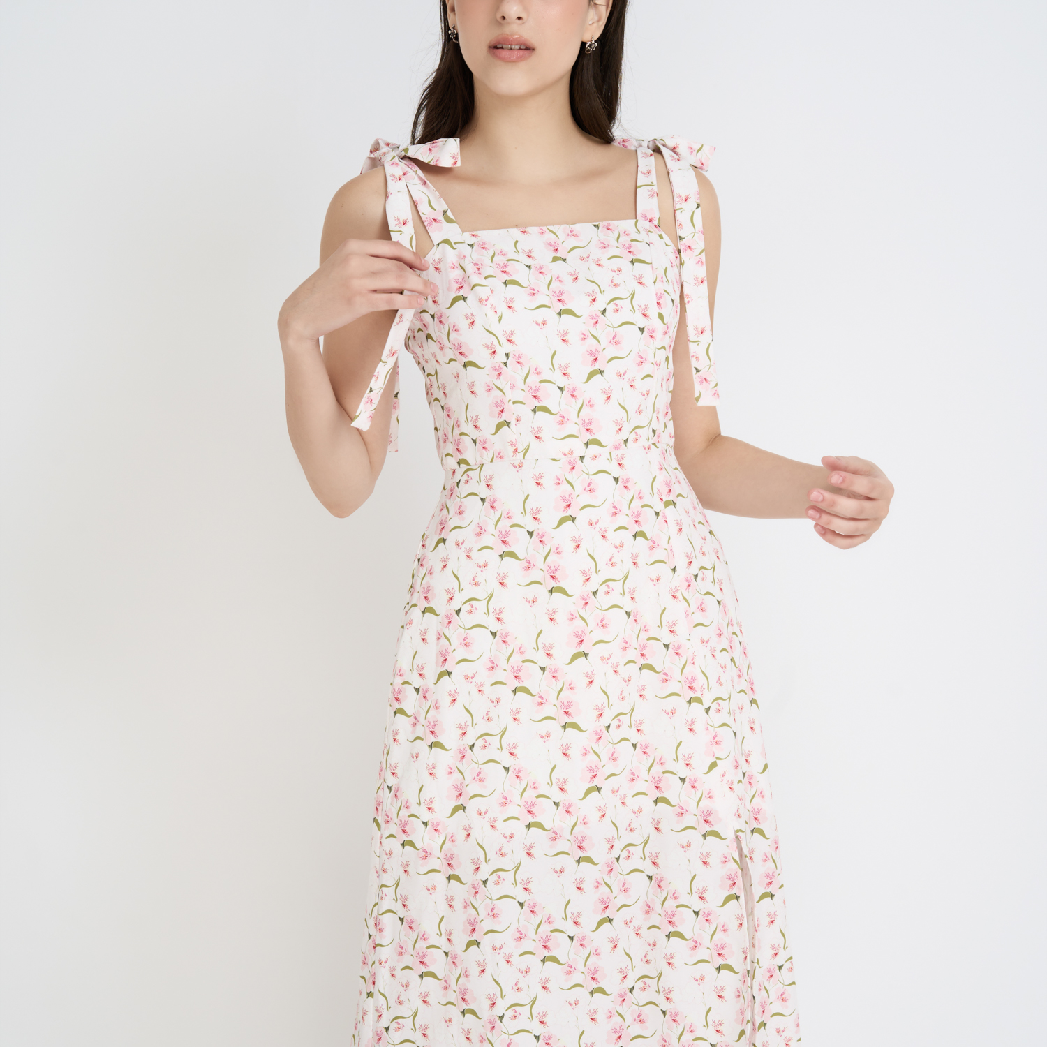 Đầm midi suông lụa cotton in hoa xẻ tà Maybi