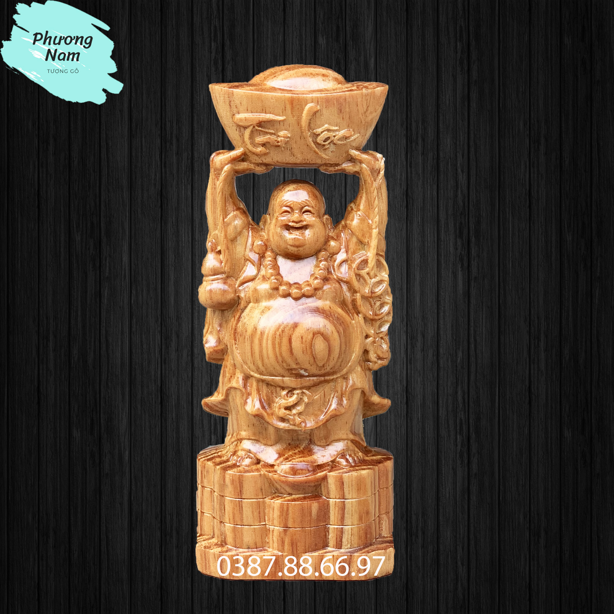 Tượng gỗ phật di lặc bưng vàng tài lộc cao 20cm được làm bằng gỗ huyết long