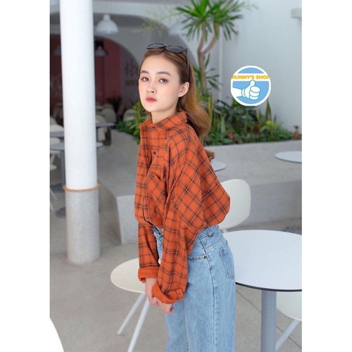 Áo sơ mi oversize caro nhung cam