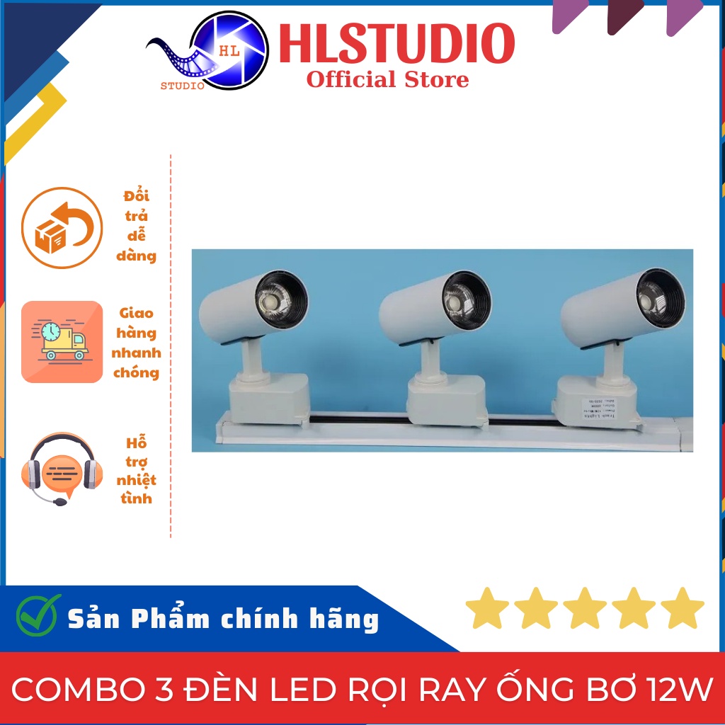 Combo 3 Đèn Led Rọi Ray Ống Bơ 12w + Thanh Ray 1m
