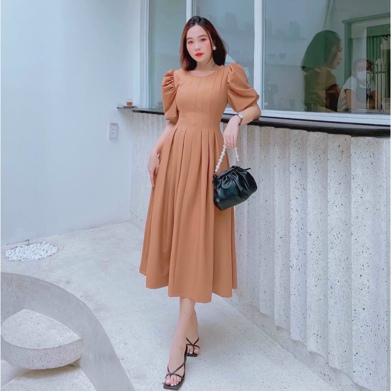 Đầm cổ tròn xếp li 4 màu