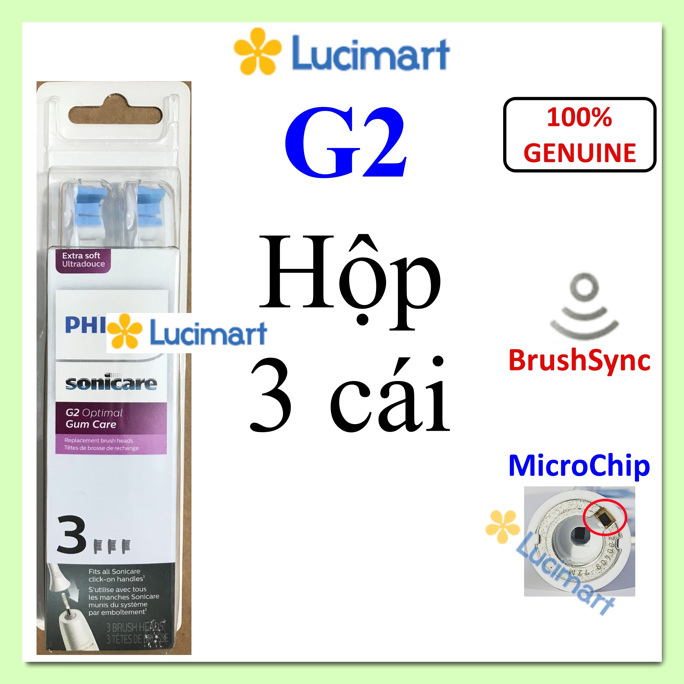 Hộp 3 đầu bàn chải điện Phi.lips Sonicare G2 Optimal Gum Health [Hàng Mỹ]