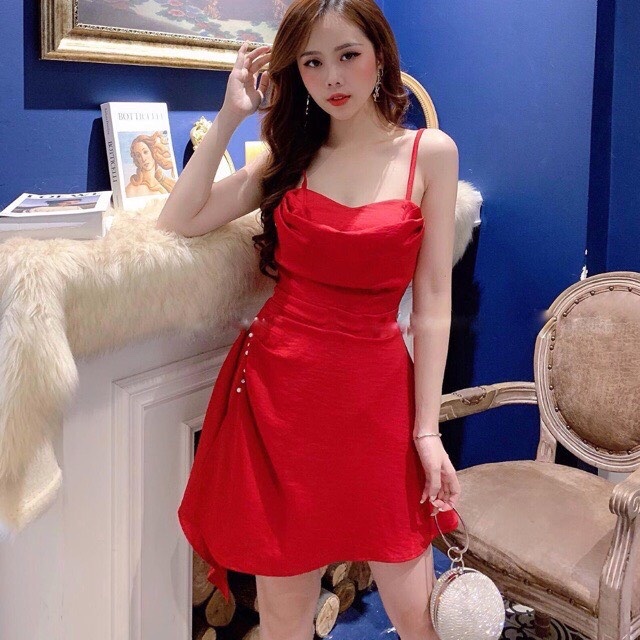 Váy đầm nữ dự tiệc hai dây phối hạt eo