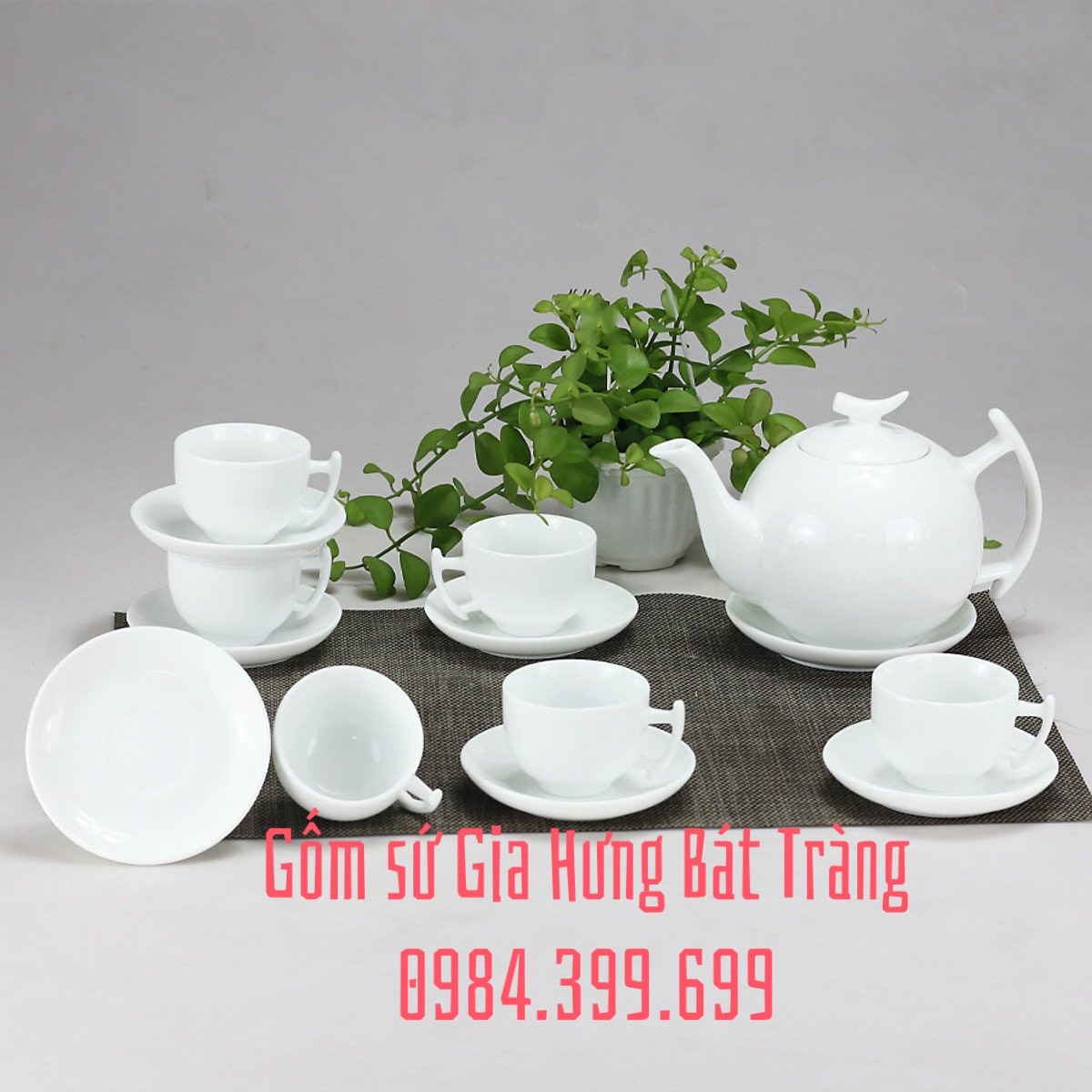Bộ ấm chén men trắng Bưởi Cành gốm sứ Bát Tràng (bộ bình uống trà, bình trà)