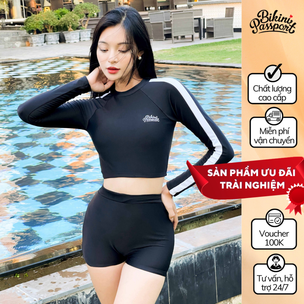 Đồ bơi nữ bikini passport hai mảnh lc tay áo phối màu & logo - đen - bs1010_bl