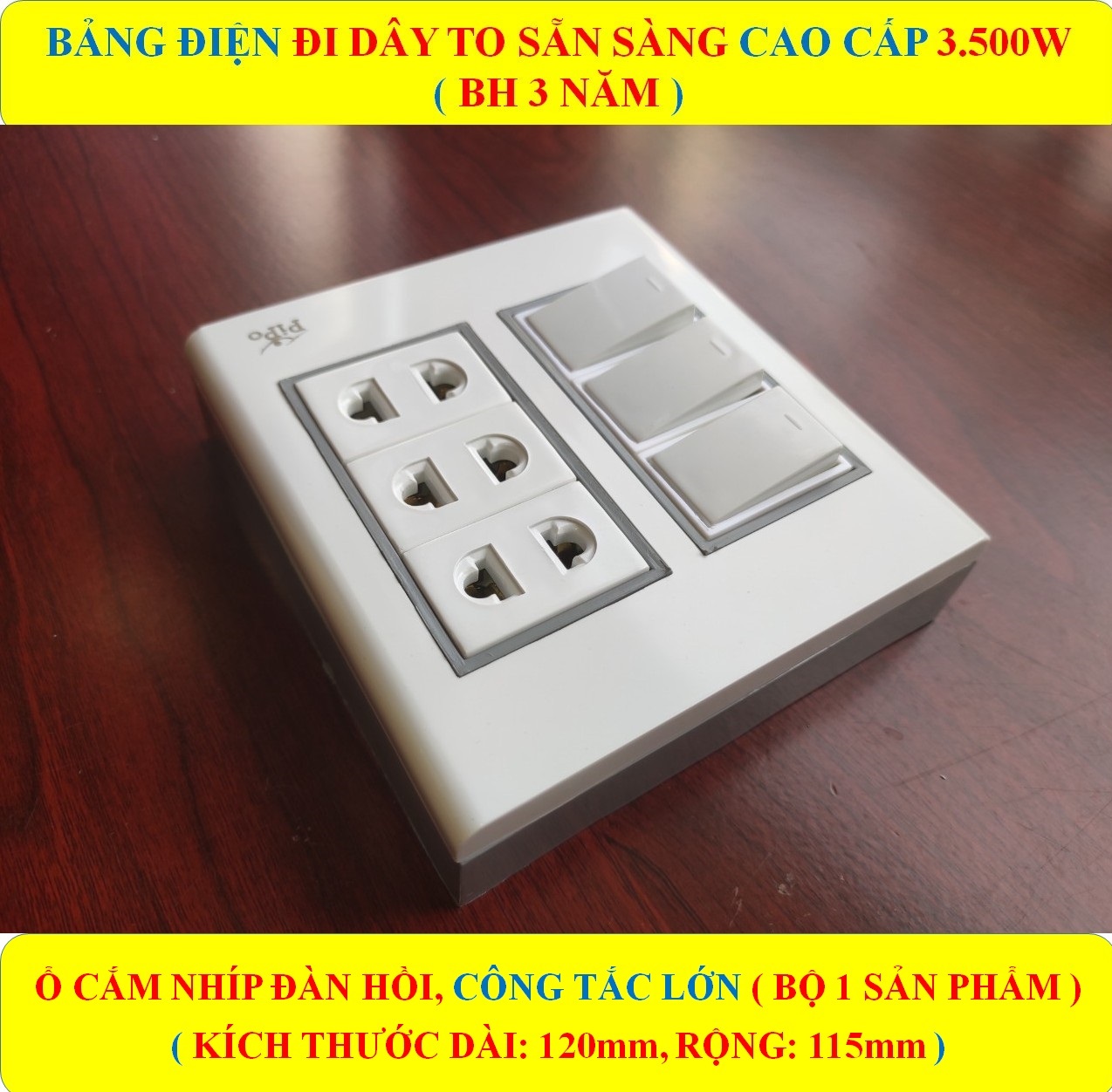 Bảng điện lắp nổi gắn tường CAO CẤP (3500W) + BH 3 NĂM + 3 Công tắc + 3 ổ cắm nhíp chống giãn + Đi dây sẵn sàng đầy đủ + Bộ ốc vít lắp đặt (bộ 1 sản phẩm)