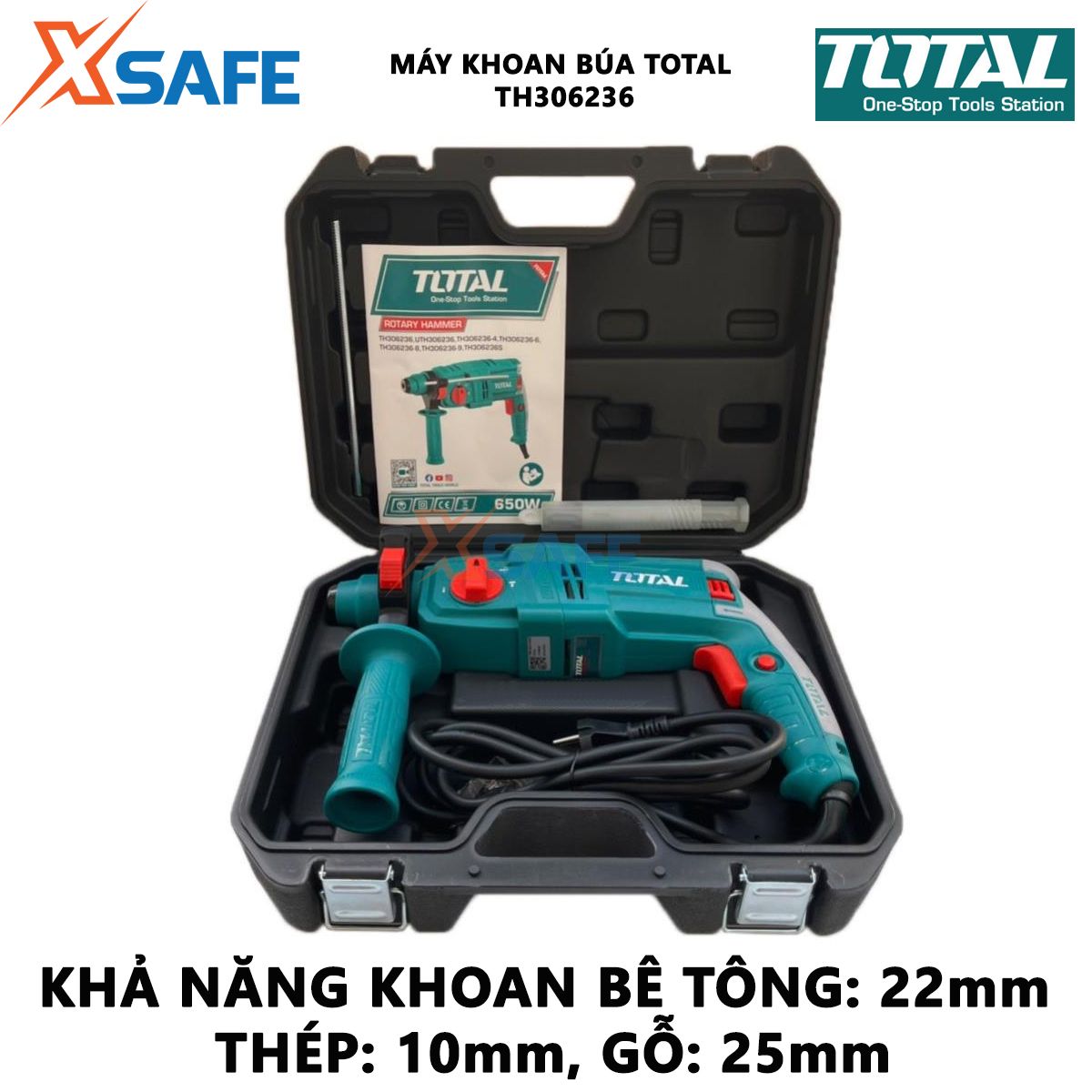 Máy khoan búa cầm tay 3 chức năng 650w TOTAL TH306236 đầu gài sds plus, tốc độ 1700v/p, tốc độ búa 5500bpm. Lực búa 1.7j, khả năng khoan bê tông 22mm, thép 10mm, gỗ 25mm, kèm 3 mũi khoan Máy khoan đục bê tông