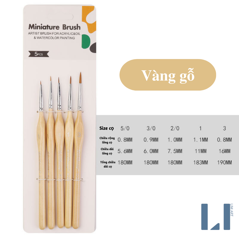 Bộ 5 cọ tỉa nét lông mềm cán gỗ, cọ vẽ tranh, tô tranh số hóa LIM Art