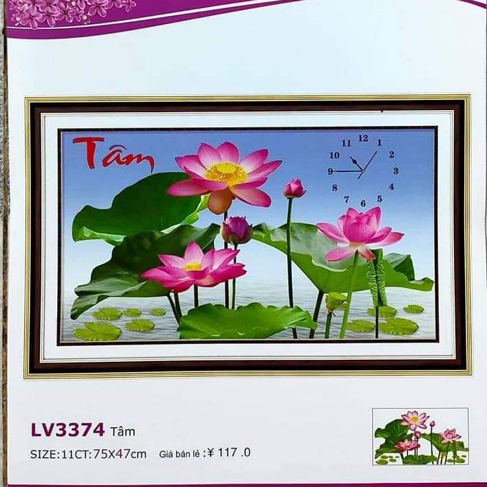 [HCM]Tranh thêu chữ thập chữ tâm hoa sen đồng hồ LV3374 - kích thước 75* 47 cm