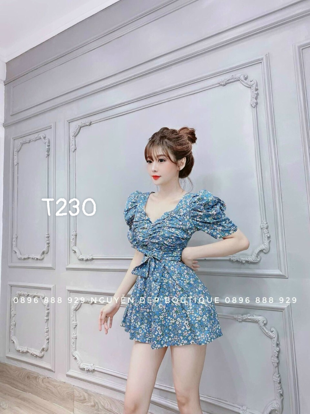Đầm xoè voan lụa hoa nhún ngực tay ngắn dạo phố siêu xinh T230