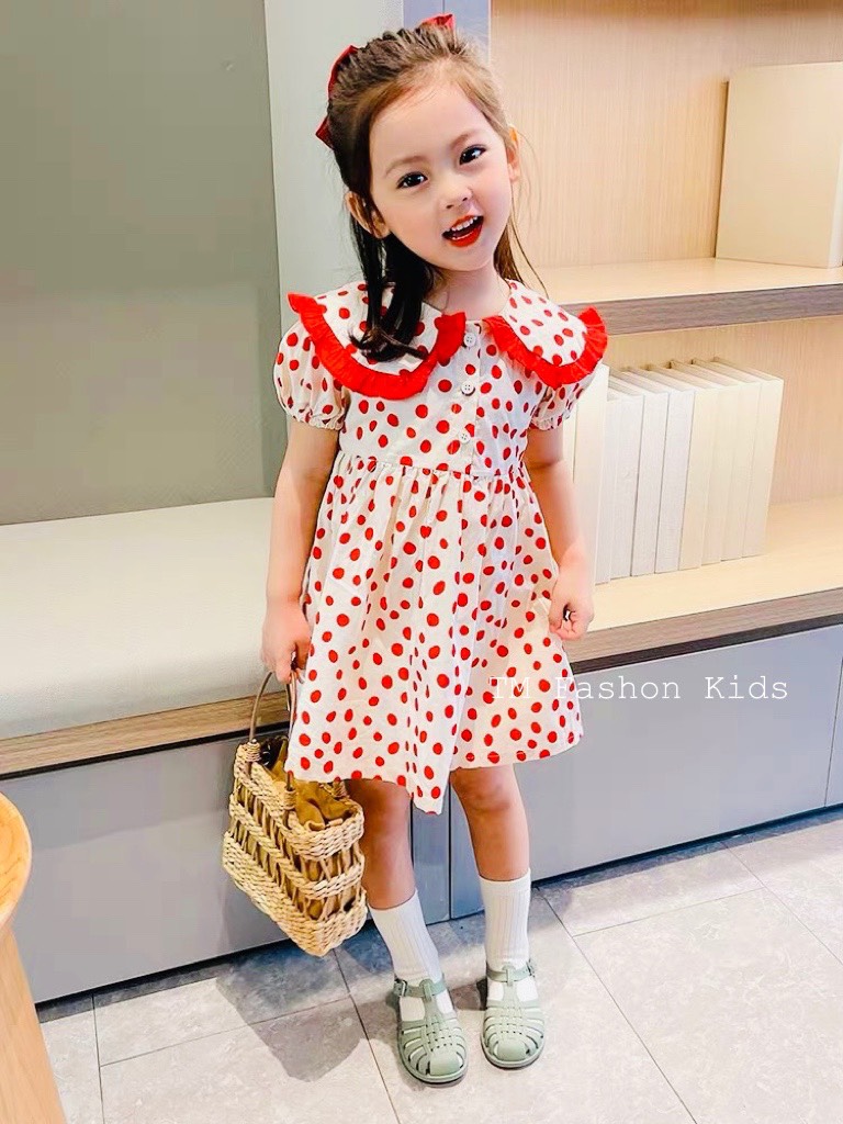Váy bé gái - Váy cổ sen họa tiết chấm bi